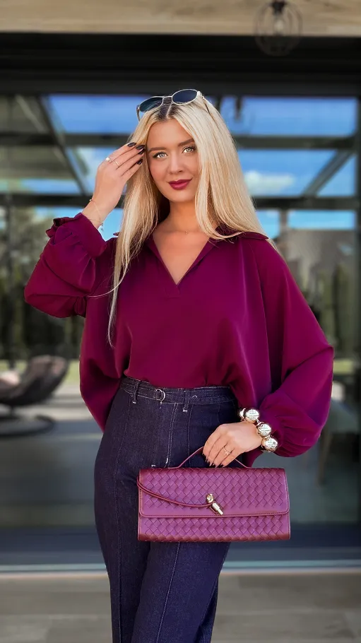 Elegancka bordowa bluzka w stylu koszula OVERSIZE - R137
