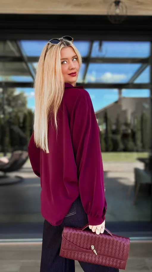 Elegancka bordowa bluzka w stylu koszula OVERSIZE - R137