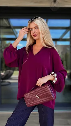 Elegancka bordowa bluzka w stylu koszula OVERSIZE - R137