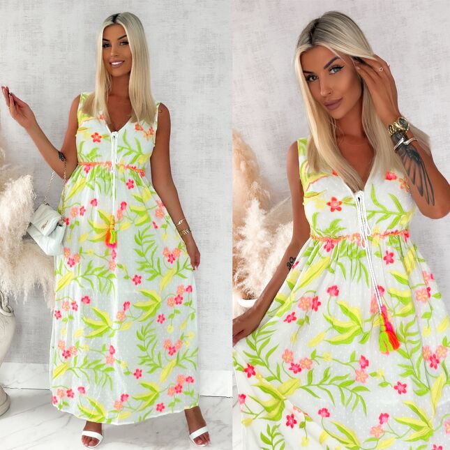 Letnia maxi sukienka w stylu BOHO z neonowymi kwiatami - S217