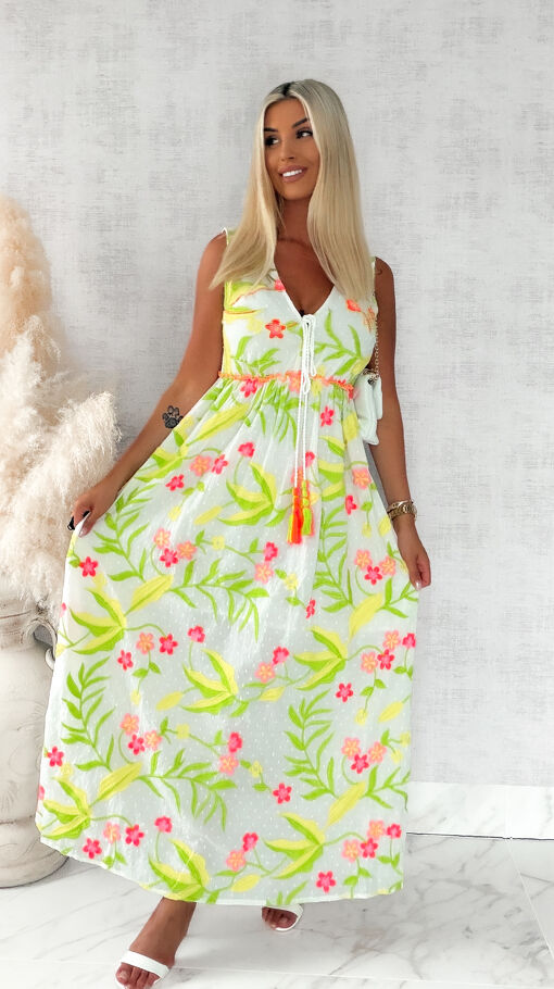 Letnia maxi sukienka w stylu BOHO z neonowymi kwiatami - S217