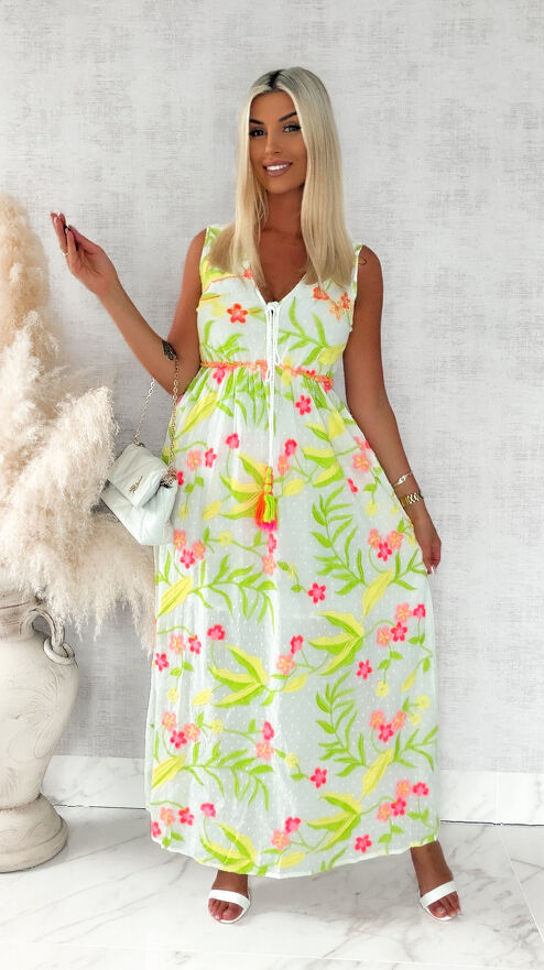 Letnia maxi sukienka w stylu BOHO z neonowymi kwiatami - S217