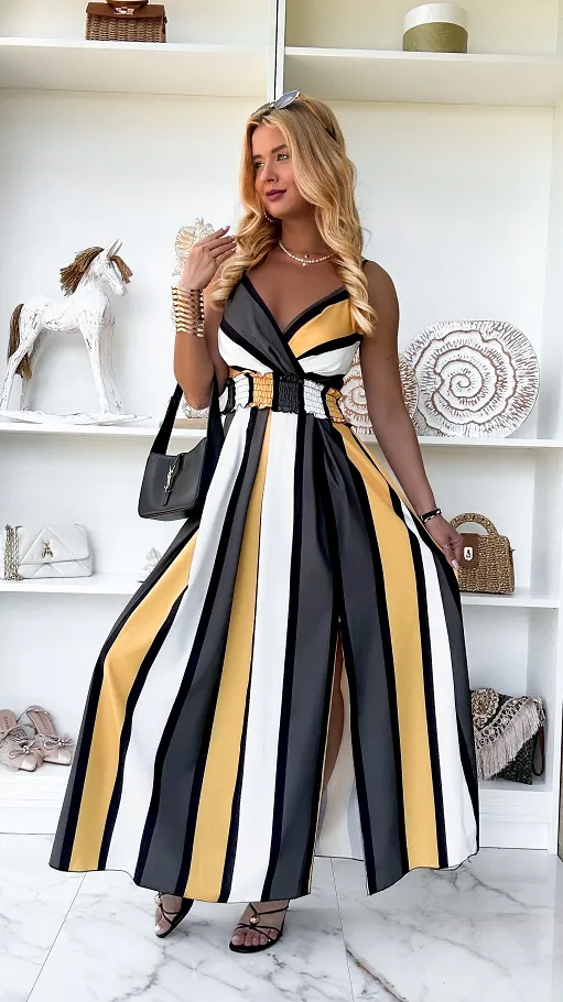MAXI sukienka w pasy z pięknym rozcięciem ONE SIZE - P844B
