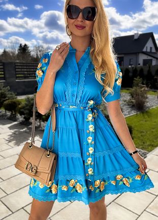 Lekka wiosenna sukienka w żółte róże NIEBIESKA - L742A