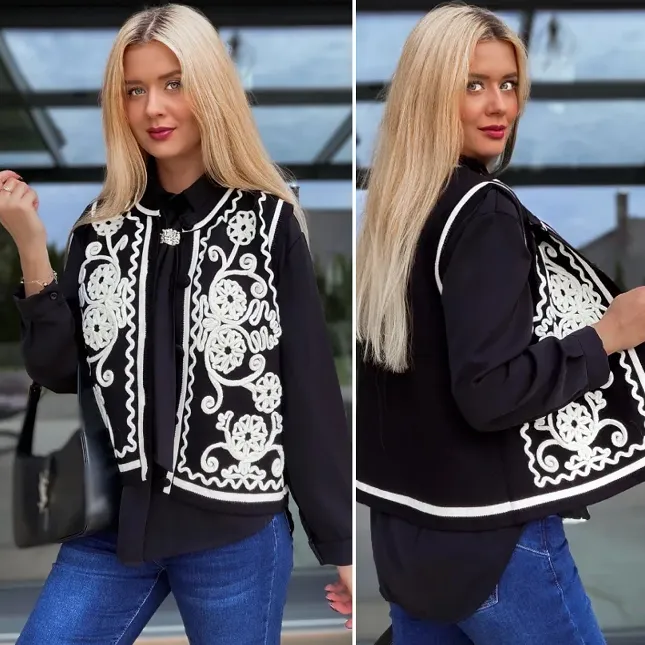 Elegancka czarna kamizelka z kontrastowym wzorem ONE SIZE - R100A