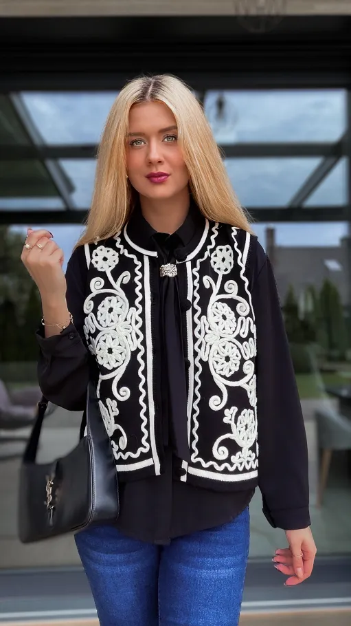 Elegancka czarna kamizelka z kontrastowym wzorem ONE SIZE - R100A