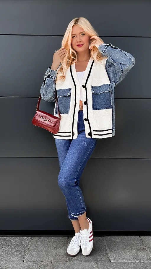 Ekskluzywny sweter na guziki łączony z kataną jeansową OVERSIZE - P977