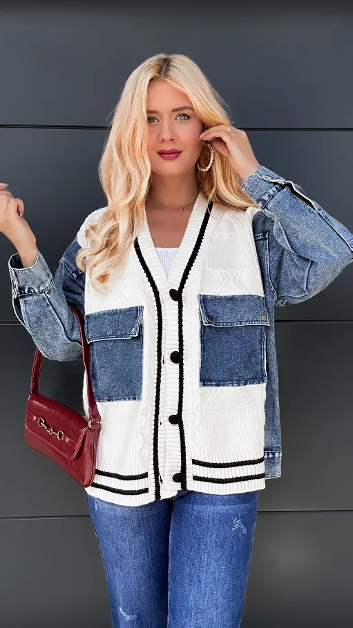 Ekskluzywny sweter na guziki łączony z kataną jeansową OVERSIZE - P977