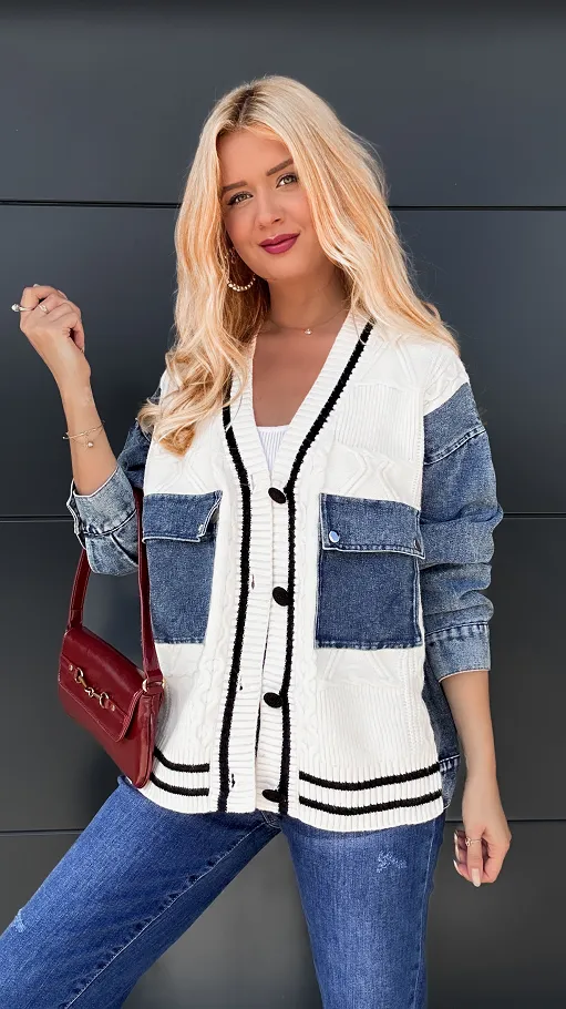 Ekskluzywny sweter na guziki łączony z kataną jeansową OVERSIZE - P977