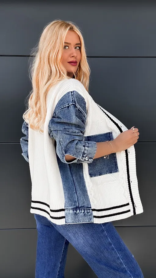 Ekskluzywny sweter na guziki łączony z kataną jeansową OVERSIZE - P977