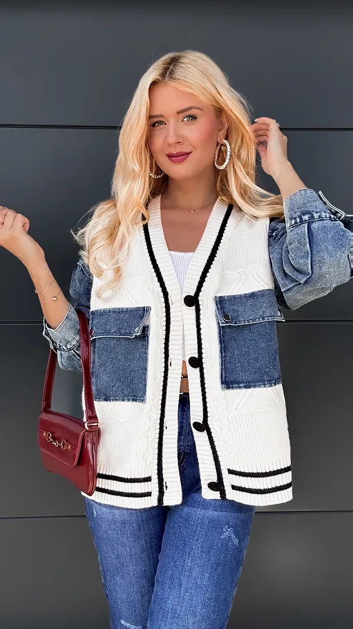 Ekskluzywny sweter na guziki łączony z kataną jeansową OVERSIZE - P977