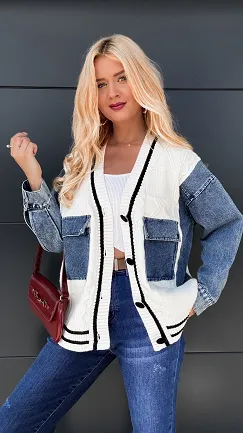 Ekskluzywny sweter na guziki łączony z kataną jeansową OVERSIZE - P977