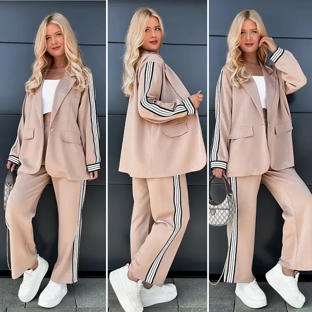 Oryginalny beżowy komplet marynarka + spodnie ONE SIZE - R031