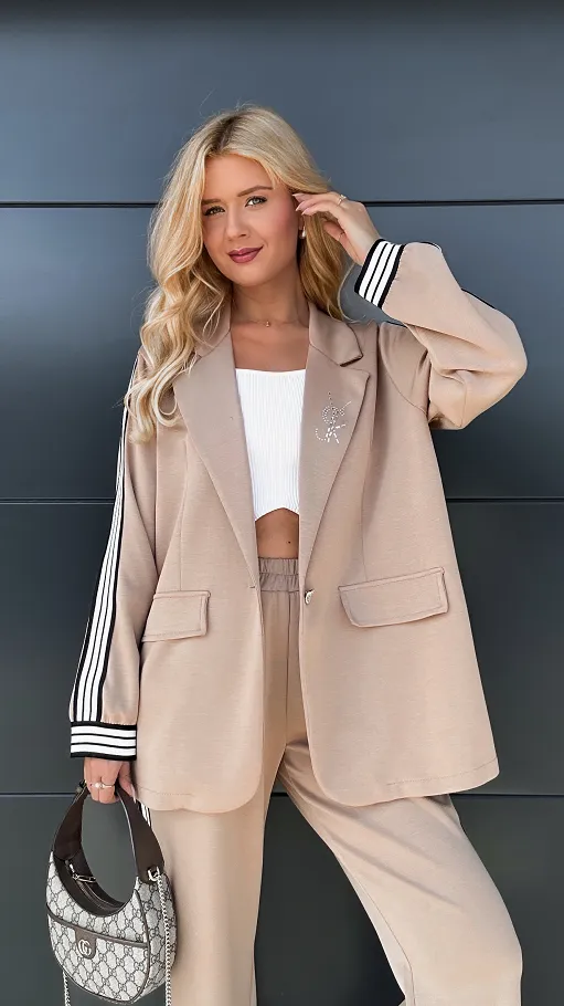 Oryginalny beżowy komplet marynarka + spodnie ONE SIZE - R031