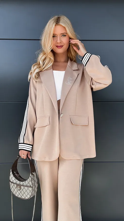 Oryginalny beżowy komplet marynarka + spodnie ONE SIZE - R031