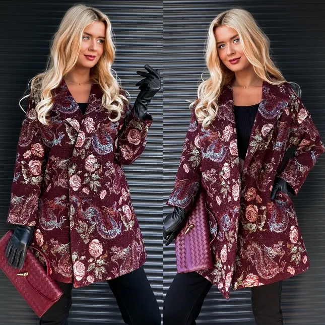 Jesienny bordowy płaszcz haftowany w kwiaty ONE SIZE - R193A