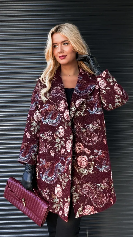 Jesienny bordowy płaszcz haftowany w kwiaty ONE SIZE - R193A