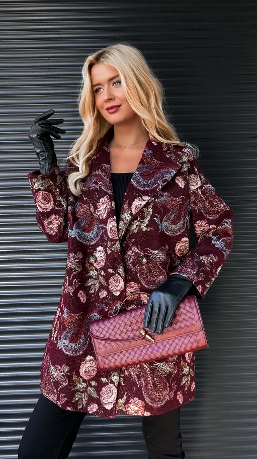 Jesienny bordowy płaszcz haftowany w kwiaty ONE SIZE - R193A