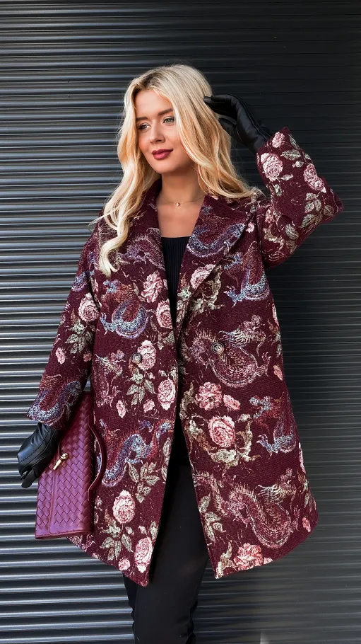 Jesienny bordowy płaszcz haftowany w kwiaty ONE SIZE - R193A