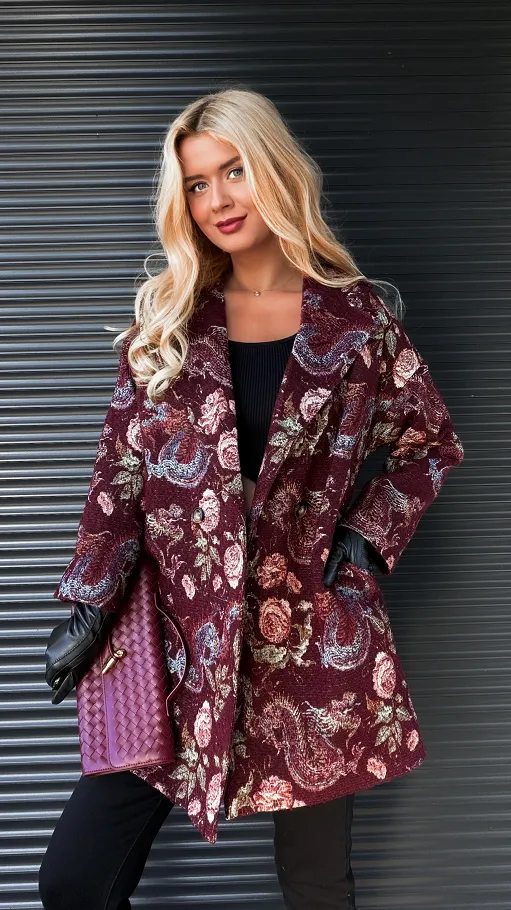 Jesienny bordowy płaszcz haftowany w kwiaty ONE SIZE - R193A
