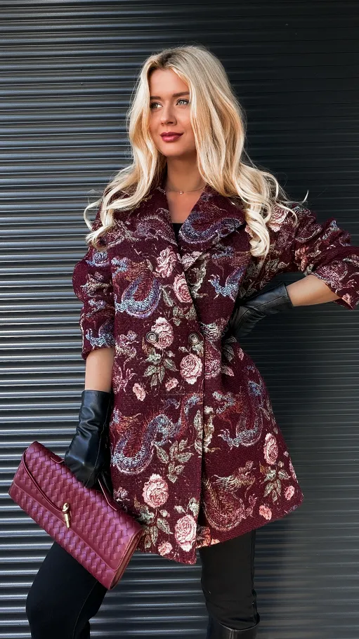 Jesienny bordowy płaszcz haftowany w kwiaty ONE SIZE - R193A