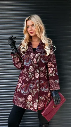 Jesienny bordowy płaszcz haftowany w kwiaty ONE SIZE - R193A