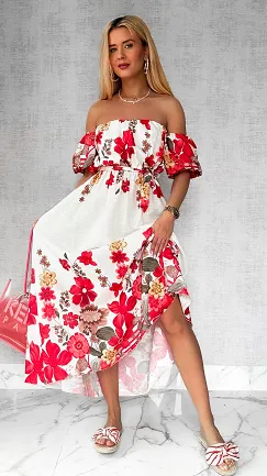 Cudowna długa sukienka hiszpanka w czerwone kwiaty ONE SIZE - P741A