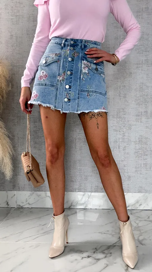 Elastyczne jeansowe spódnico-spodenki w kwiaty BLUE JEANS - R607A
