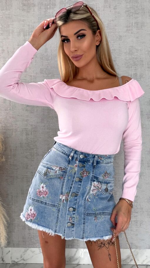 Elastyczne jeansowe spódnico-spodenki w kwiaty BLUE JEANS - R607A