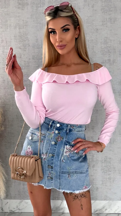 Elastyczne jeansowe spódnico-spodenki w kwiaty BLUE JEANS - R607A