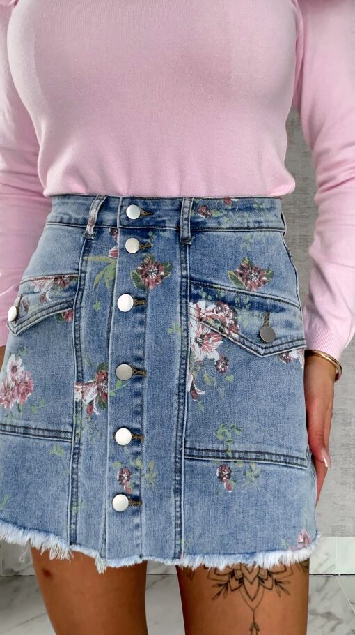 Elastyczne jeansowe spódnico-spodenki w kwiaty BLUE JEANS - R607A