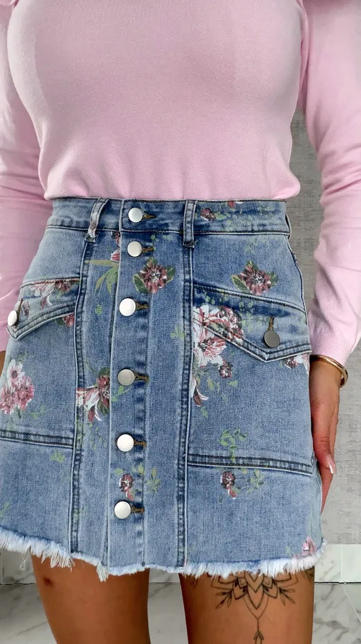Elastyczne jeansowe spódnico-spodenki w kwiaty BLUE JEANS - R607A