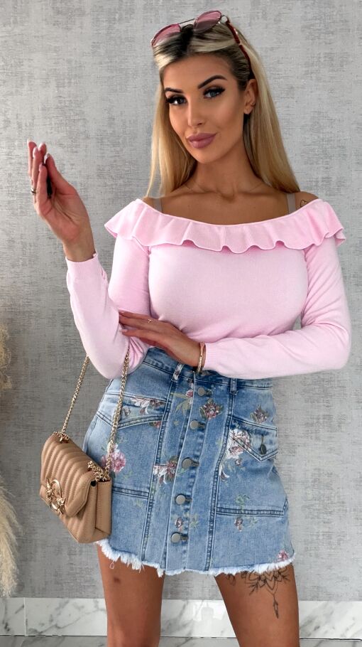 Elastyczne jeansowe spódnico-spodenki w kwiaty BLUE JEANS - R607A