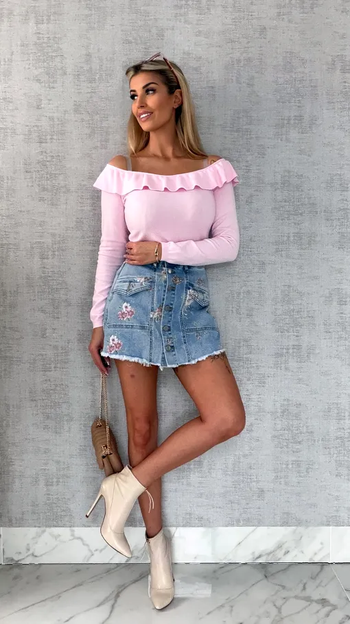 Elastyczne jeansowe spódnico-spodenki w kwiaty BLUE JEANS - R607A