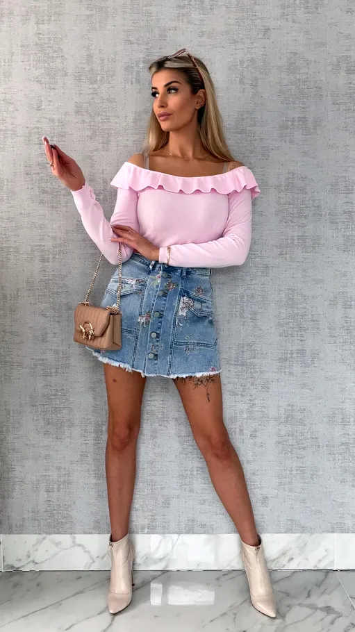 Elastyczne jeansowe spódnico-spodenki w kwiaty BLUE JEANS - R607A