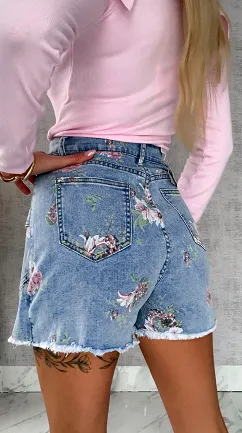 Elastyczne jeansowe spódnico-spodenki w kwiaty BLUE JEANS - R607A