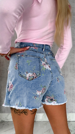 Elastyczne jeansowe spódnico-spodenki w kwiaty BLUE JEANS - R607A
