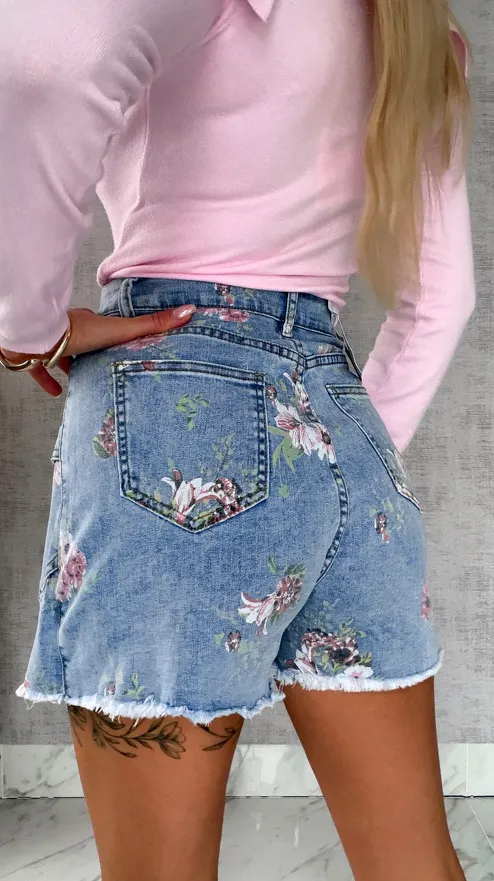 Elastyczne jeansowe spódnico-spodenki w kwiaty BLUE JEANS - R607A