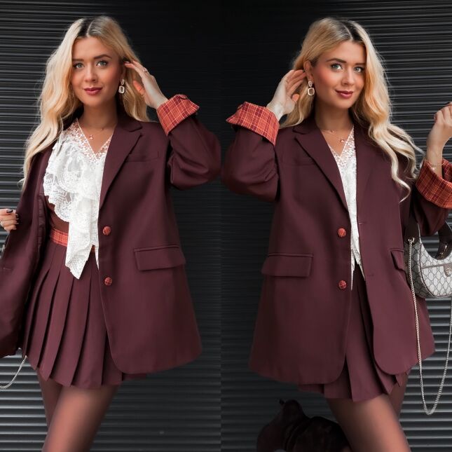 Cudowny brązowy komplet luźna MARYNARKA + plisowana spódnica - R386