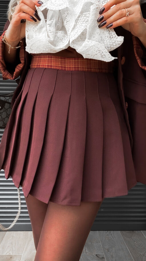 Cudowny brązowy komplet luźna MARYNARKA + plisowana spódnica - R386