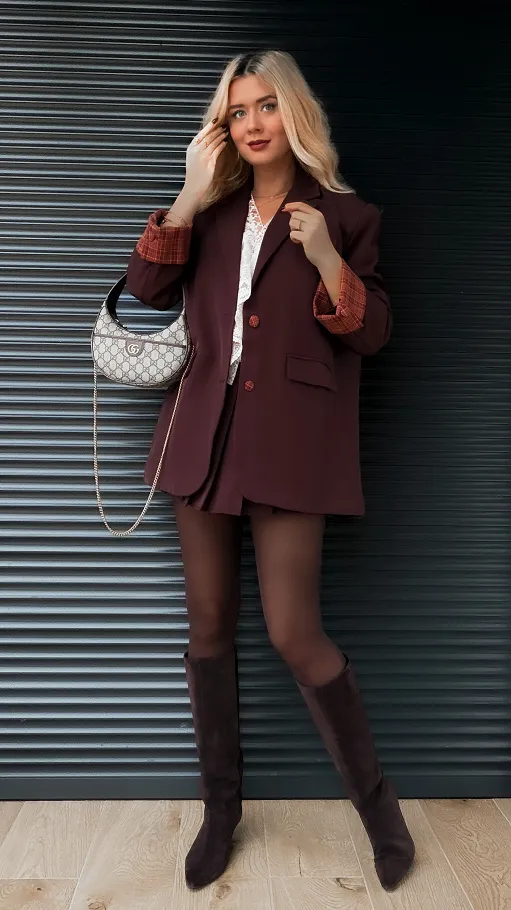 Cudowny brązowy komplet luźna MARYNARKA + plisowana spódnica - R386