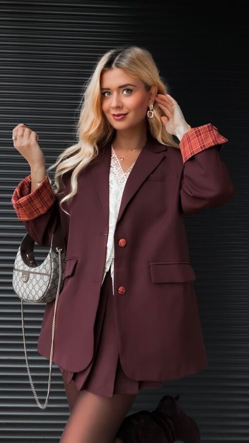 Cudowny brązowy komplet luźna MARYNARKA + plisowana spódnica - R386