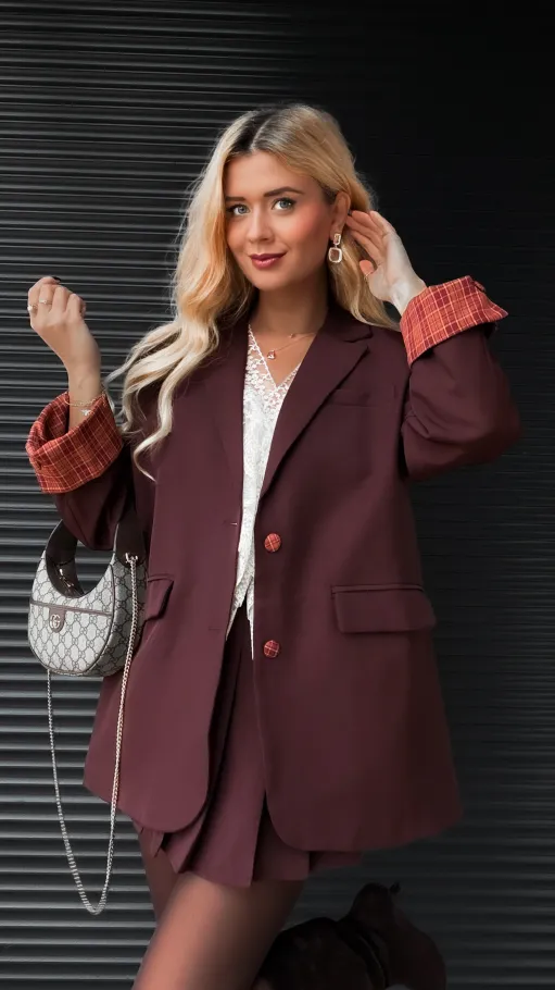 Cudowny brązowy komplet luźna MARYNARKA + plisowana spódnica - R386