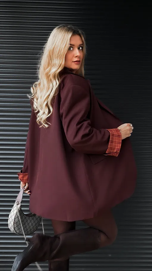 Cudowny brązowy komplet luźna MARYNARKA + plisowana spódnica - R386