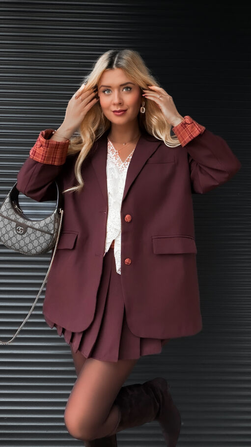 Cudowny brązowy komplet luźna MARYNARKA + plisowana spódnica - R386