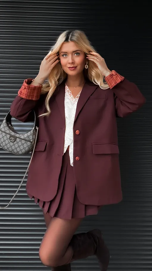 Cudowny brązowy komplet luźna MARYNARKA + plisowana spódnica - R386