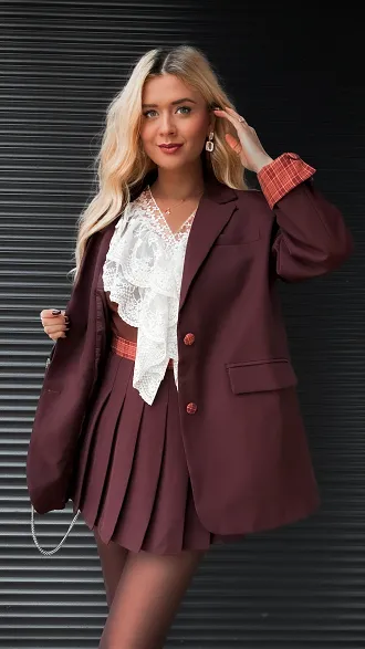 Cudowny brązowy komplet luźna MARYNARKA + plisowana spódnica - R386