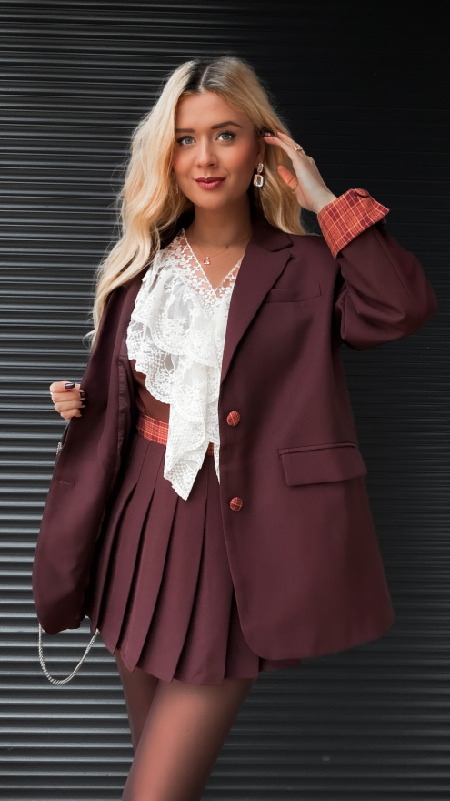 Cudowny brązowy komplet luźna MARYNARKA + plisowana spódnica - R386