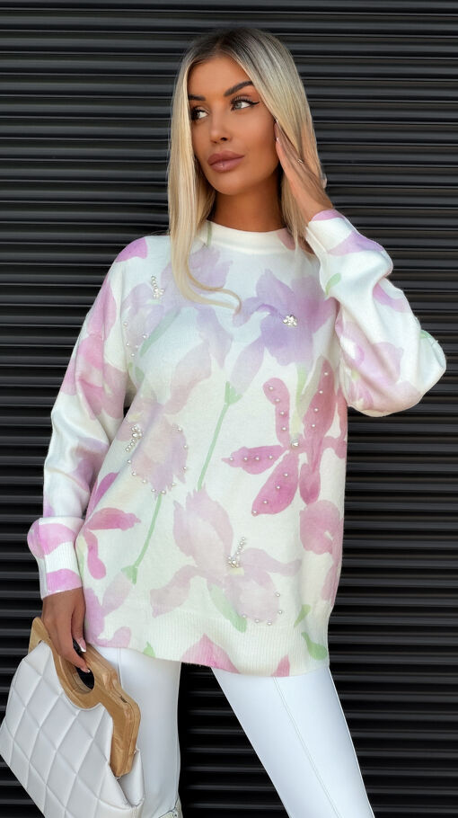 Piękny jasny sweter w malowane niebieskie kwiaty ONE SIZE - S504A