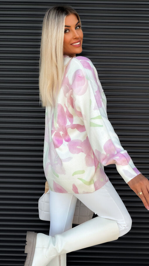 Piękny jasny sweter w malowane niebieskie kwiaty ONE SIZE - S504A